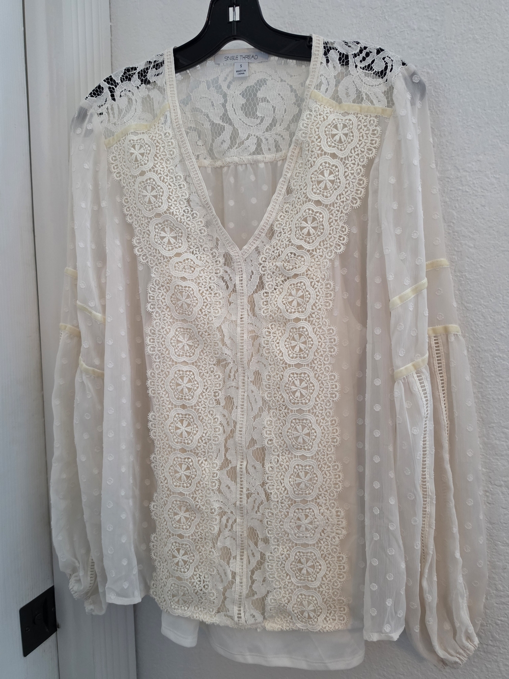 Swiss Dot Lace Panel V-Neck Blouse - Cream